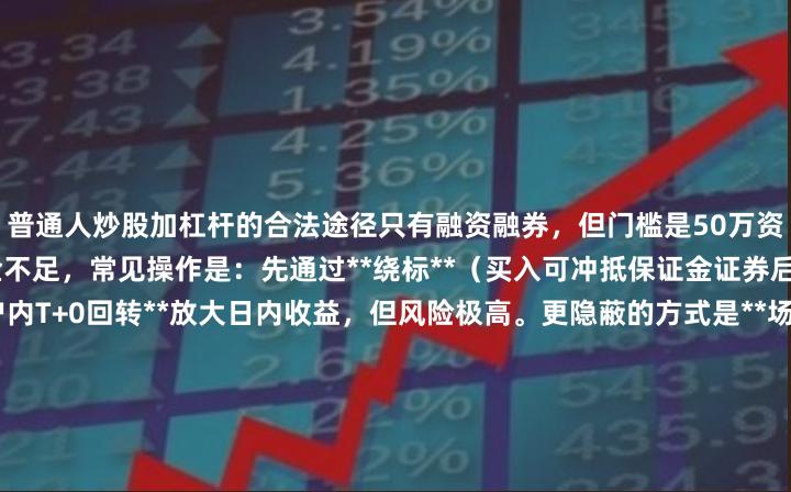 普通人炒股加杠杆的合法途径只有融资融券，但门槛是50万资产+6个月交易经验。若资金不足，常见操作是：先通过**绕标**（买入可冲抵保证金证券后转出资金）或**两融账户内T+0回转**放大日内收益，但风险极高。更隐蔽的方式是**场外配资**（民间借贷+账户托管），但属违规且易遇诈骗。**核心提醒**：杠杆会加速爆仓，普通投资者建议先用模拟盘验证策略，或直接放弃杠杆，改用**期权买方**（权利金有限）替代。SEO关键词可布局：`炒股加杠杆方法`、`融资融券门槛`、`场外配资风险`、`杠杆爆仓案例`。